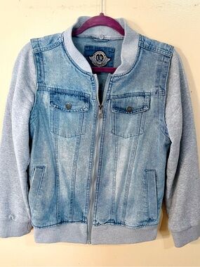 Blue Denim-Look Kids Bomber Jacket with Gray Sleeves